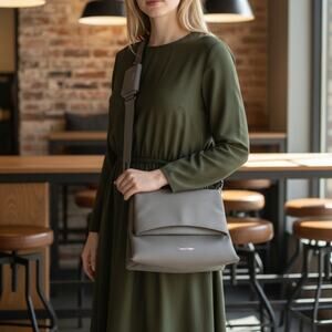 Calvin Klein Dove Gray  Faux Leather Flap Crossbody Bag With Zip Pouch Classic